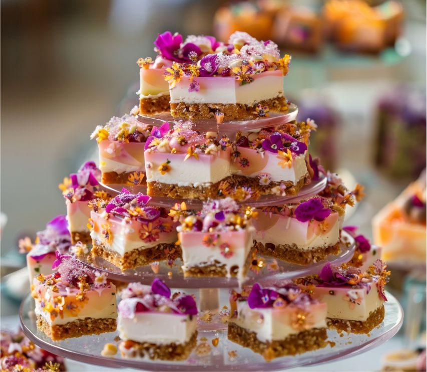 petit four with edible flowers dessert