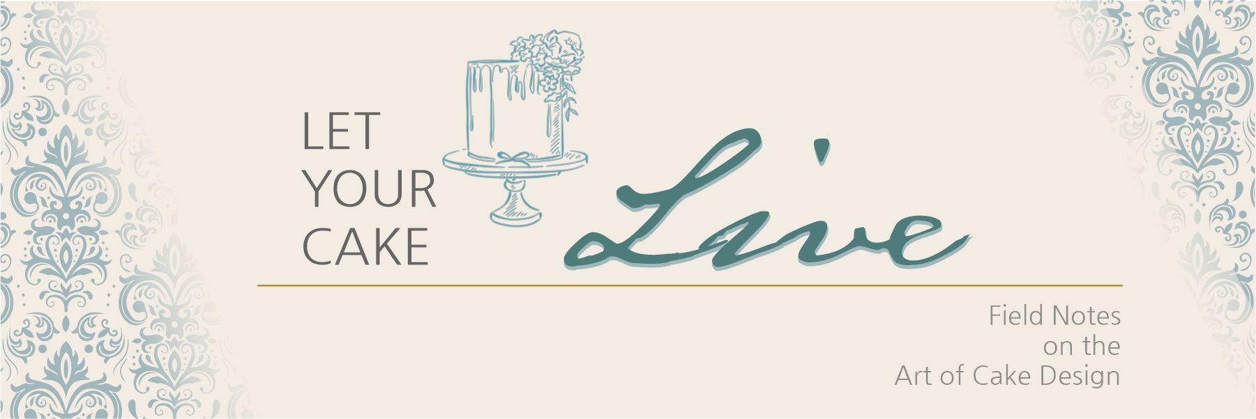 Let Your Cake Live logo with restrained damask framing, open central space, and balanced emphasis on the word “Live.”