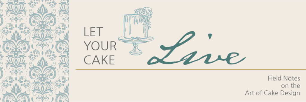 Let Your Cake Live logo with warm tones and a damask pattern introduced as a background element.