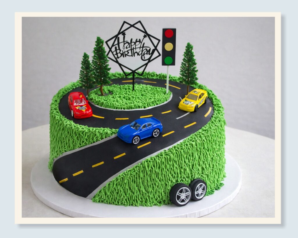 AI-generated concept image of a custom car-themed cake with winding road design for client approval