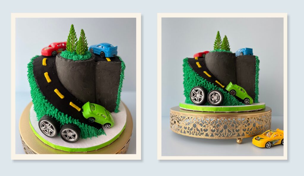 carved road cake showing cake design process and structure