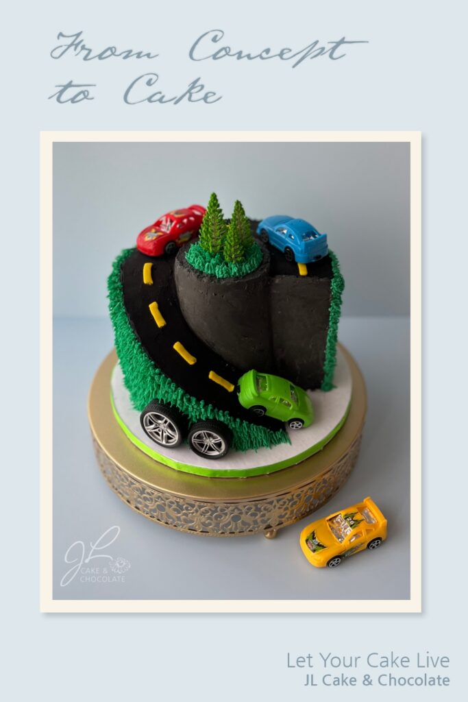 Custom car-themed birthday cake with winding road design, shown from concept to finished cake