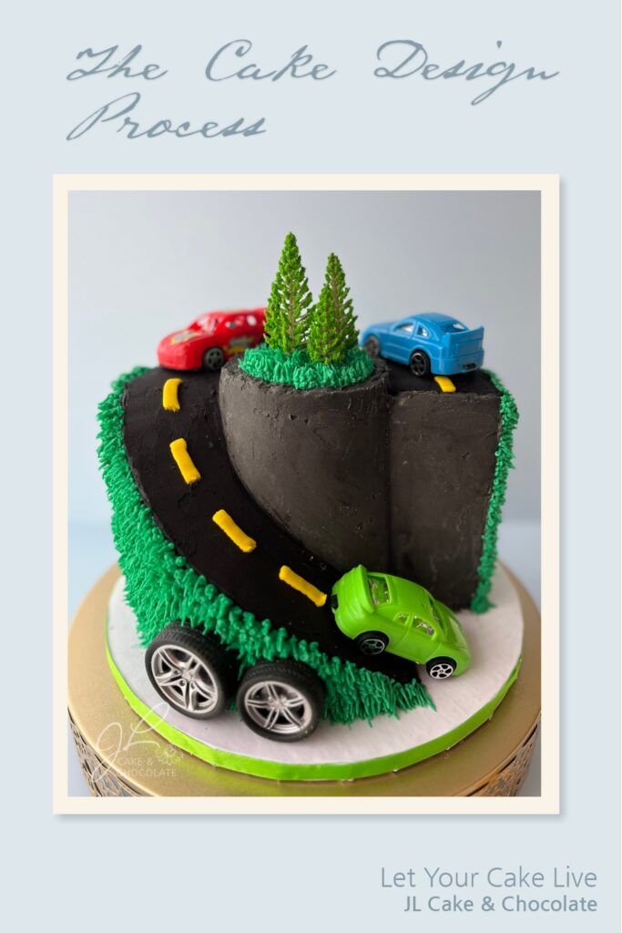 car cake design process showing road cake structure and toy car placement